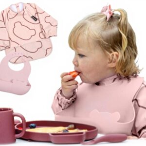 Bavoir 2 en 1 TUM TUM silicone et tablier GRIS ROSE