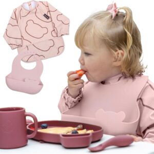 Bavoir 2 en 1 TUM TUM silicone et tablier GRIS ROSE-0