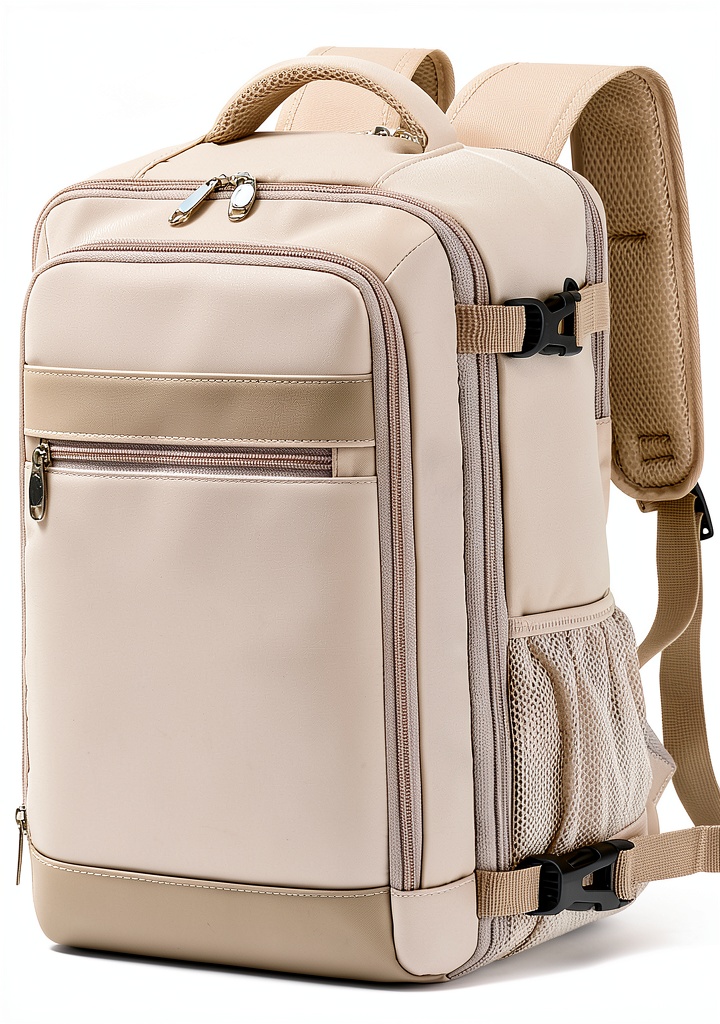 Sac à dos KLOSTAIN en couleur beige avec compartiment pour ordinateur ouvert
